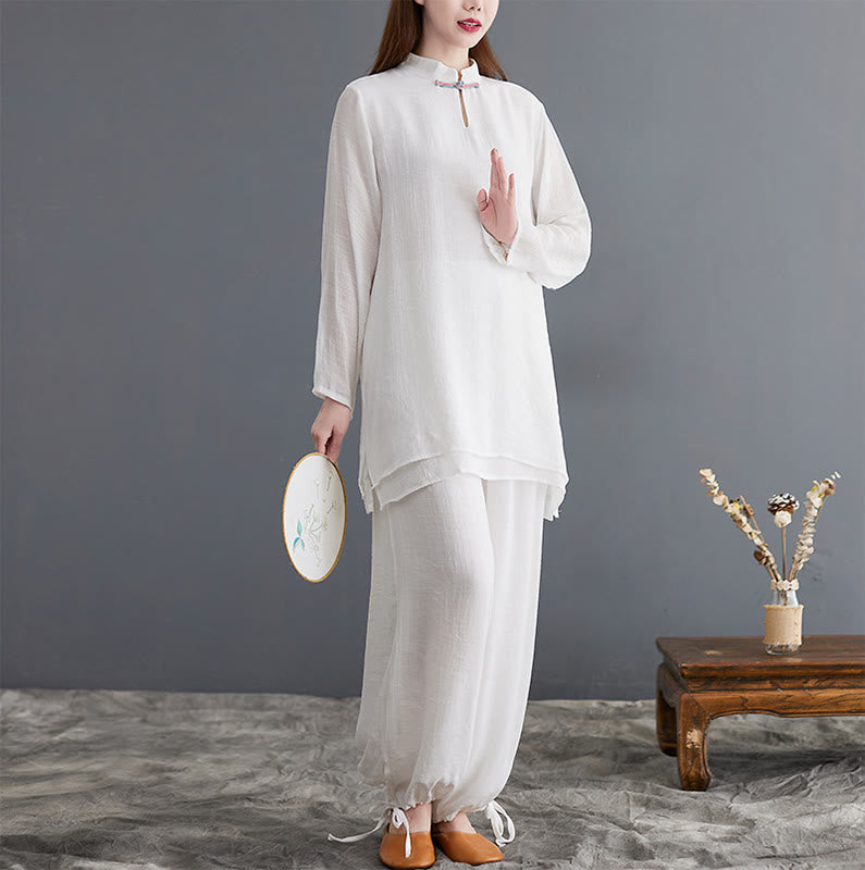 2Pcs Solid Women's Long Sleeve Shirt Pants Meditation Clothing Set