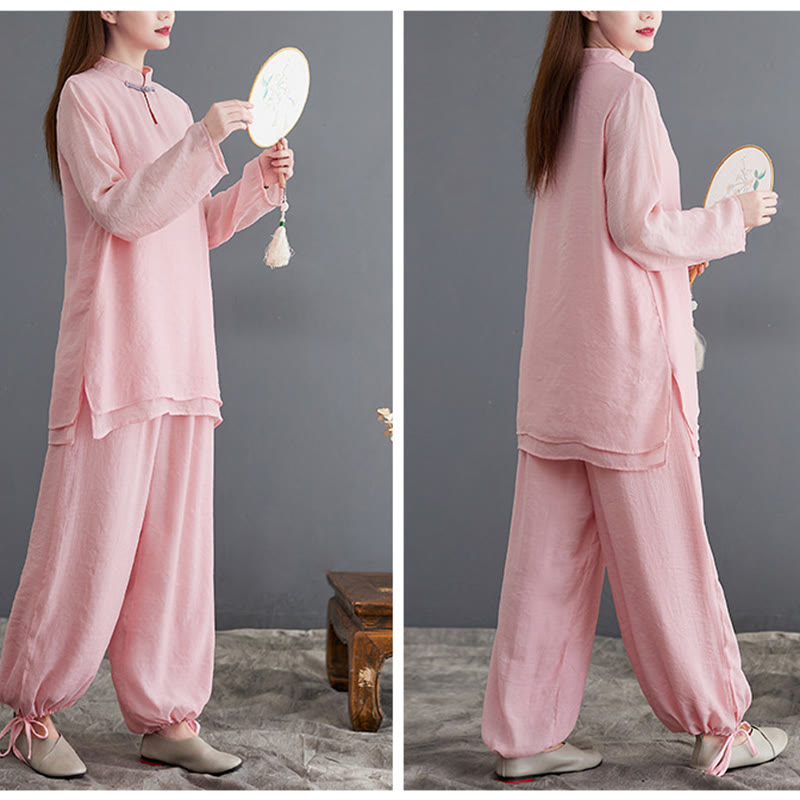 2Pcs Solid Women's Long Sleeve Shirt Pants Meditation Clothing Set