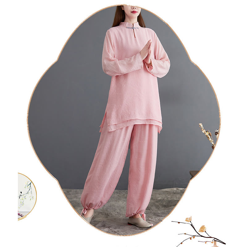 2Pcs Solid Women's Long Sleeve Shirt Pants Meditation Clothing Set