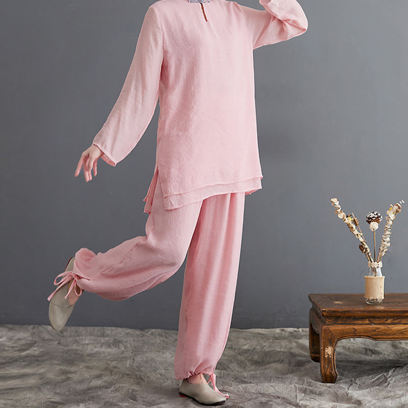 2Pcs Solid Women's Long Sleeve Shirt Pants Meditation Clothing Set
