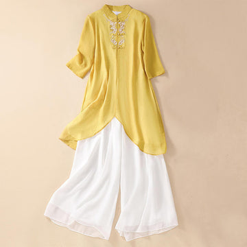 Women's Flower Embroidery Frog-Button Shirt Dress Wide Leg Pants