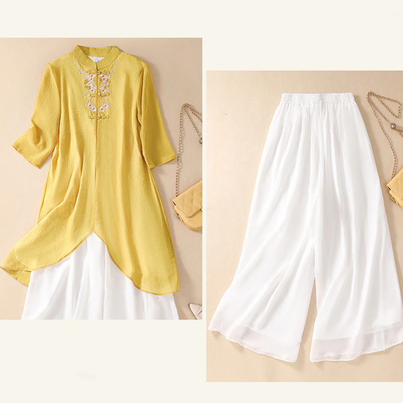 Women's Flower Embroidery Frog-Button Shirt Dress Wide Leg Pants