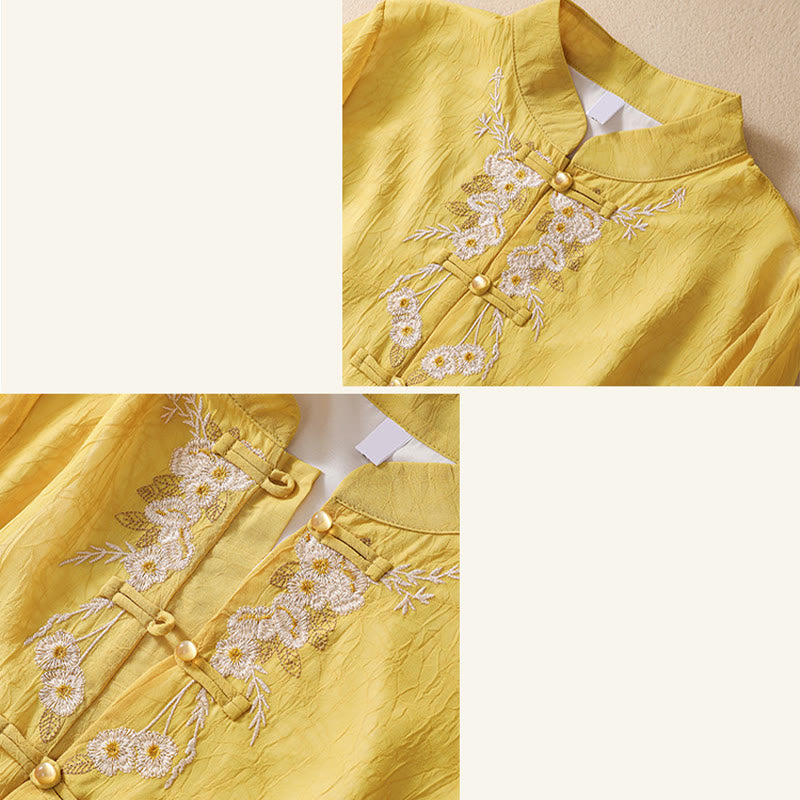 Women's Flower Embroidery Frog-Button Shirt Dress Wide Leg Pants