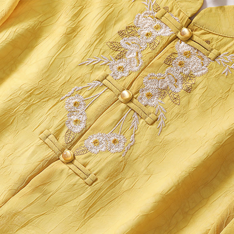 Women's Flower Embroidery Frog-Button Shirt Dress Wide Leg Pants