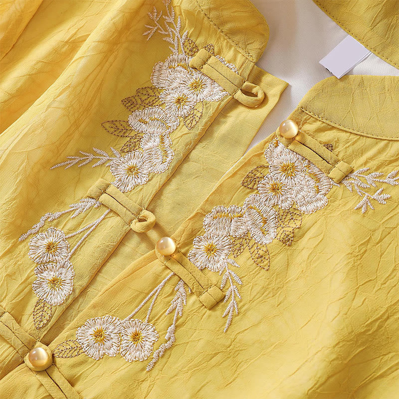 Women's Flower Embroidery Frog-Button Shirt Dress Wide Leg Pants