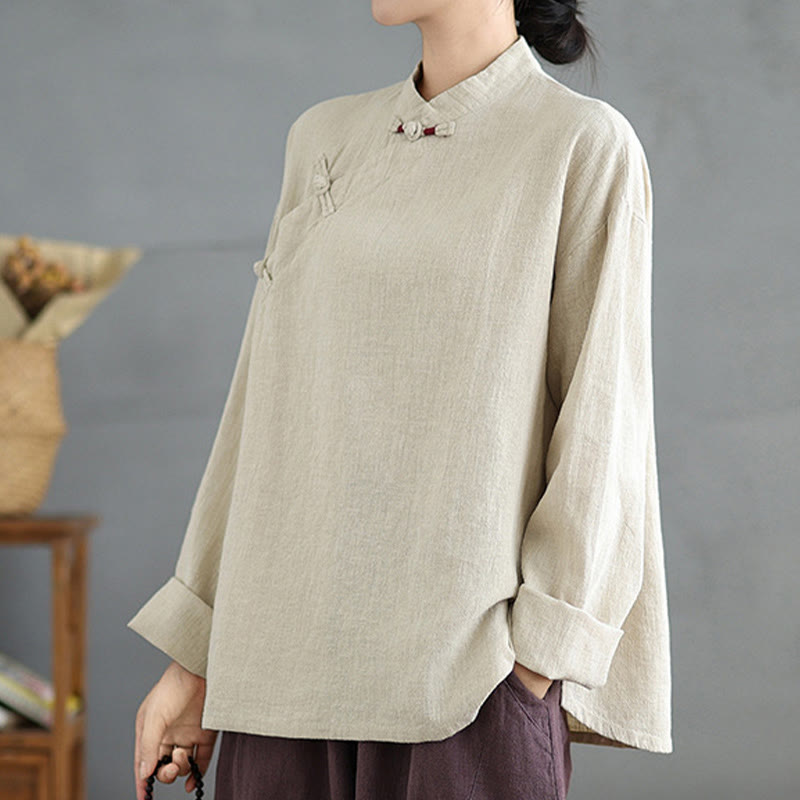 Solid Color Frog-Button Long Sleeve Women's Shirt
