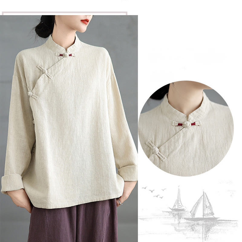 Solid Color Frog-Button Long Sleeve Women's Shirt