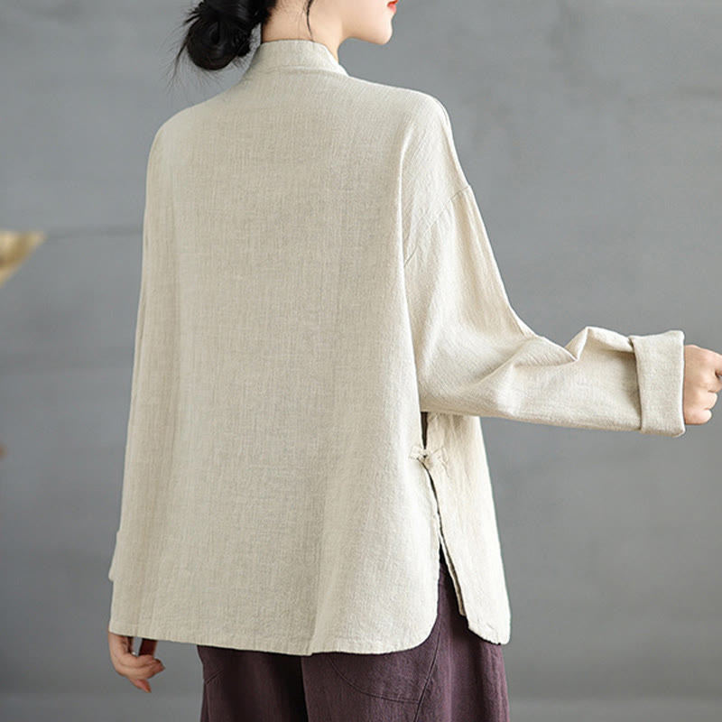 Solid Color Frog-Button Long Sleeve Women's Shirt
