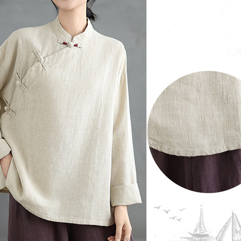 Solid Color Frog-Button Long Sleeve Women's Shirt