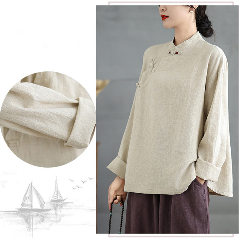 Solid Color Frog-Button Long Sleeve Women's Shirt