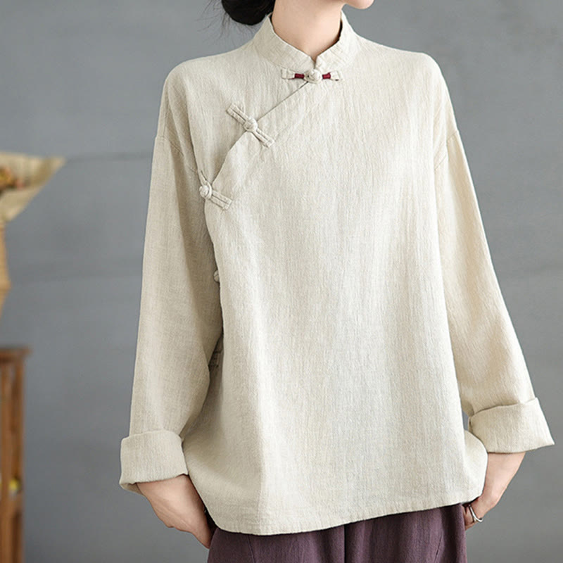 Solid Color Frog-Button Long Sleeve Women's Shirt