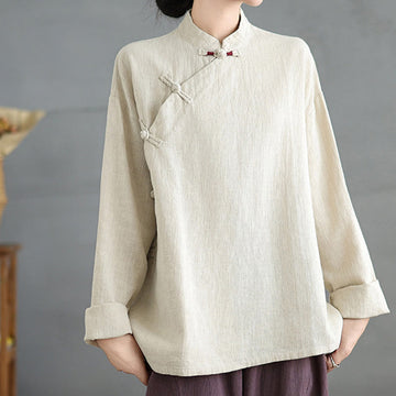 Solid Color Frog-Button Long Sleeve Women's Shirt