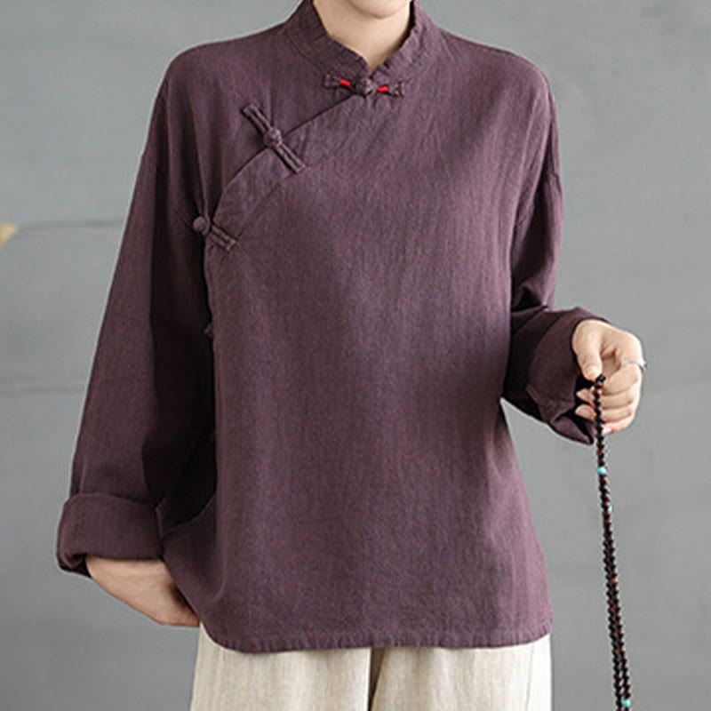 Solid Color Frog-Button Long Sleeve Women's Shirt