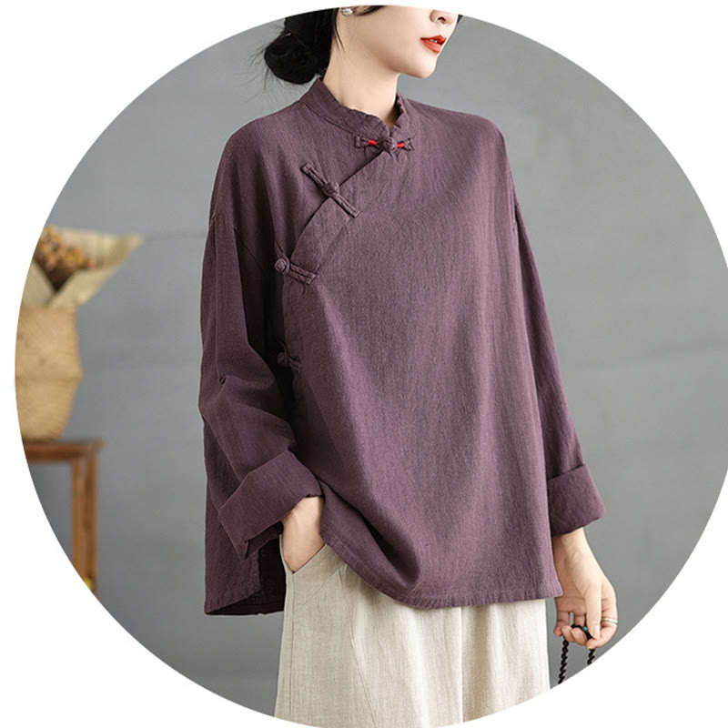 Solid Color Frog-Button Long Sleeve Women's Shirt
