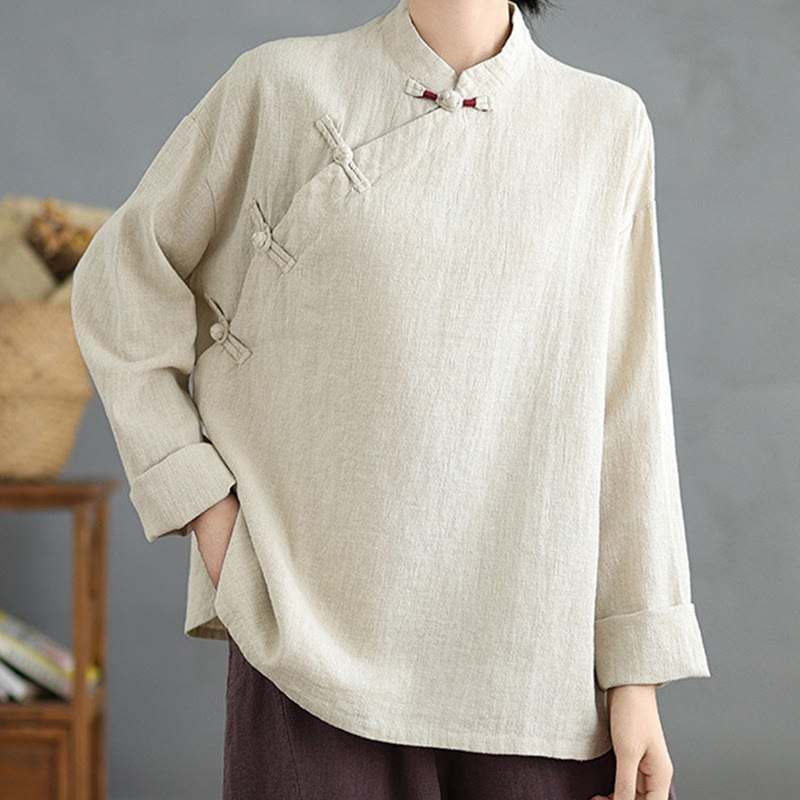 Solid Color Frog-Button Long Sleeve Women's Shirt