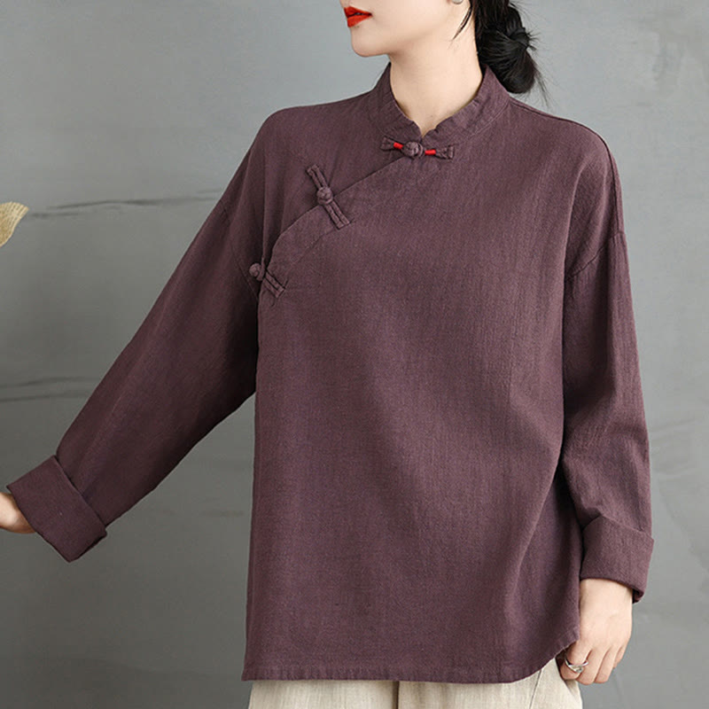 Solid Color Frog-Button Long Sleeve Women's Shirt