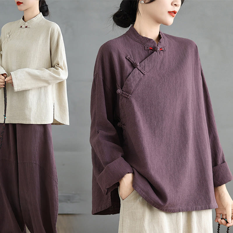 Solid Color Frog-Button Long Sleeve Women's Shirt