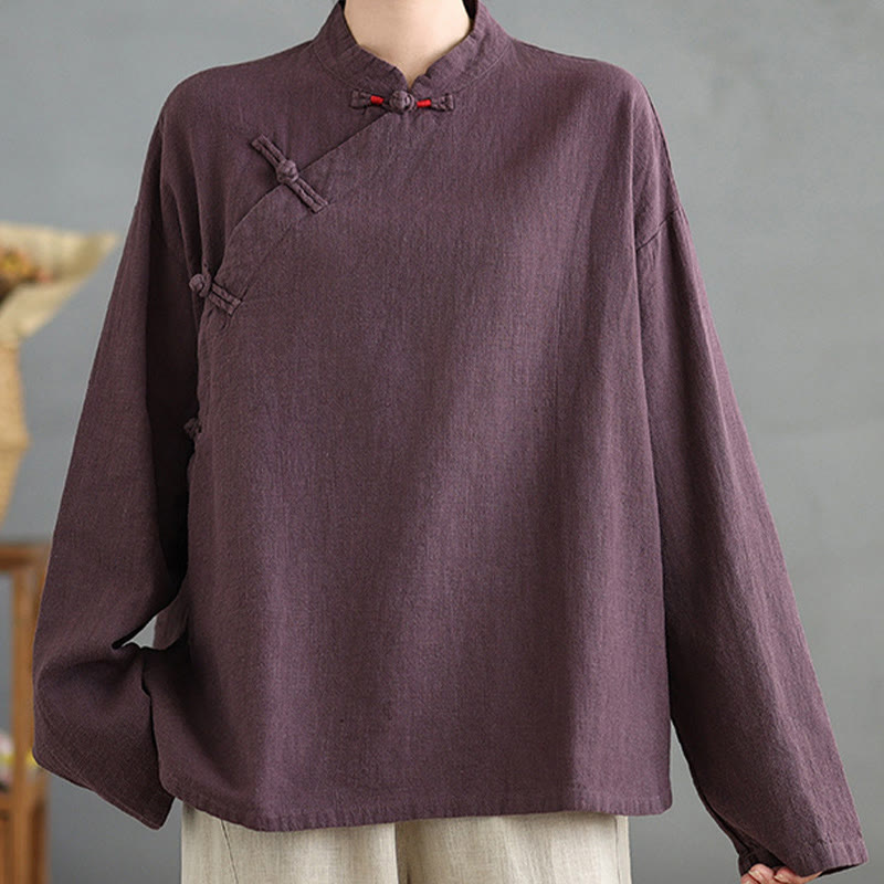 Solid Color Frog-Button Long Sleeve Women's Shirt