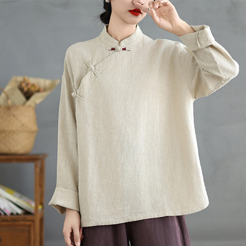 Solid Color Frog-Button Long Sleeve Women's Shirt