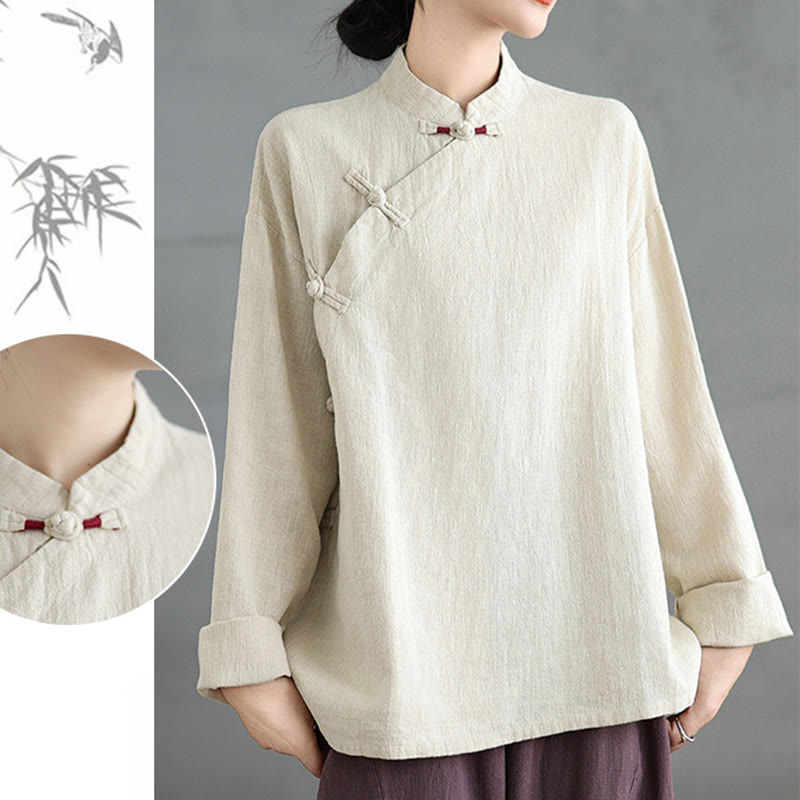 Solid Color Frog-Button Long Sleeve Women's Shirt
