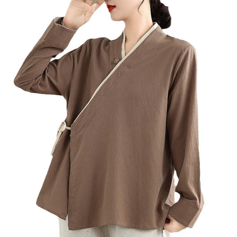 Fall Solid Color Hanfu Long Sleeve Lace Up Women's Shirt