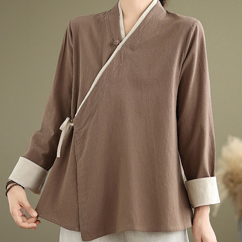 Fall Solid Color Hanfu Long Sleeve Lace Up Women's Shirt
