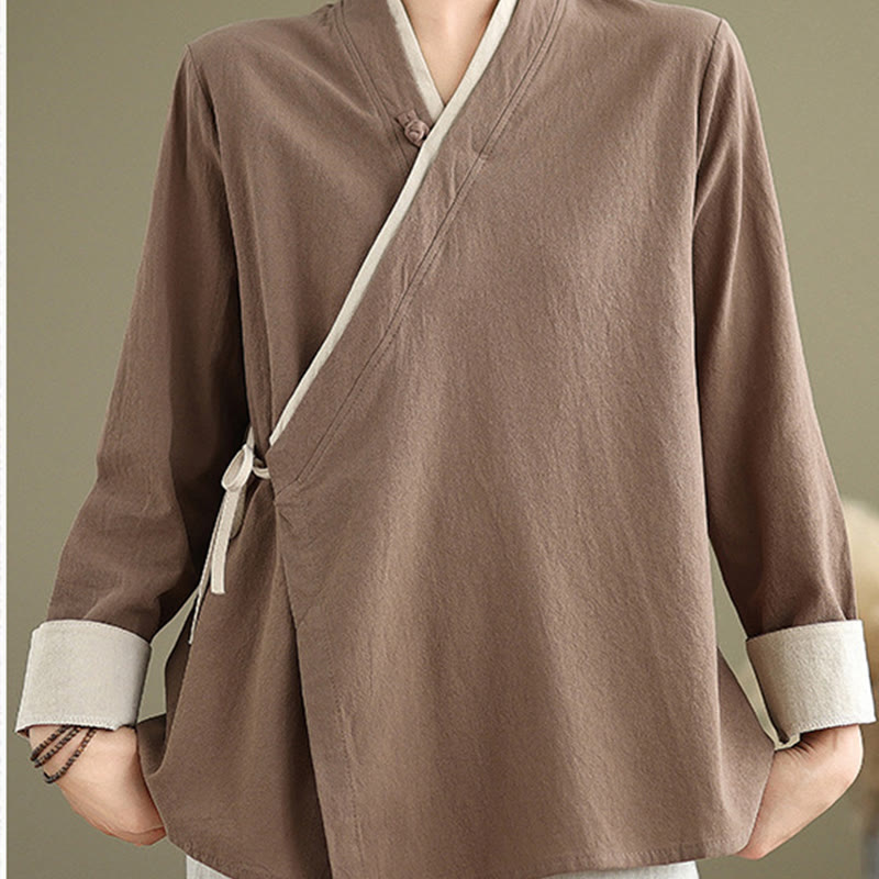 Fall Solid Color Hanfu Long Sleeve Lace Up Women's Shirt