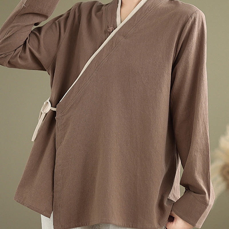 Fall Solid Color Hanfu Long Sleeve Lace Up Women's Shirt