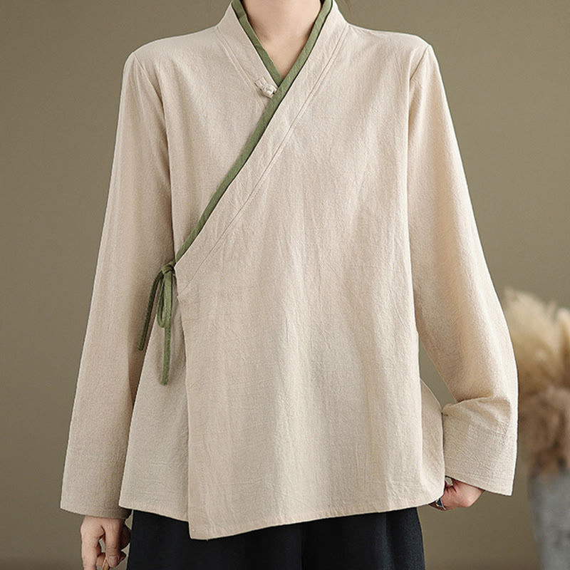 Fall Solid Color Hanfu Long Sleeve Lace Up Women's Shirt