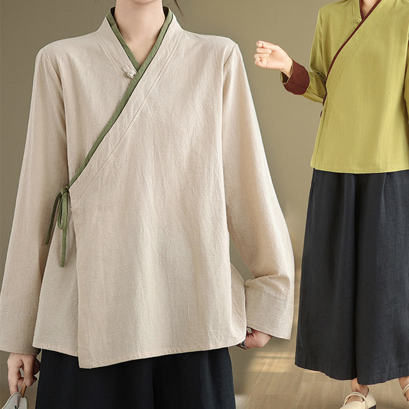 Fall Solid Color Hanfu Long Sleeve Lace Up Women's Shirt
