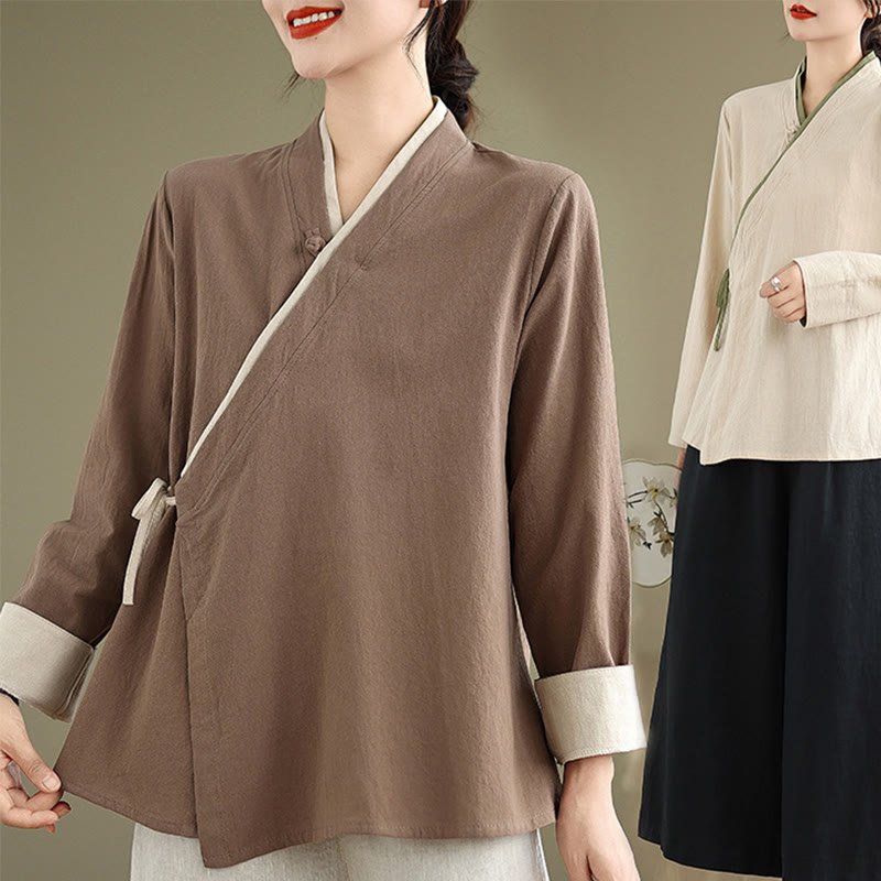 Fall Solid Color Hanfu Long Sleeve Lace Up Women's Shirt