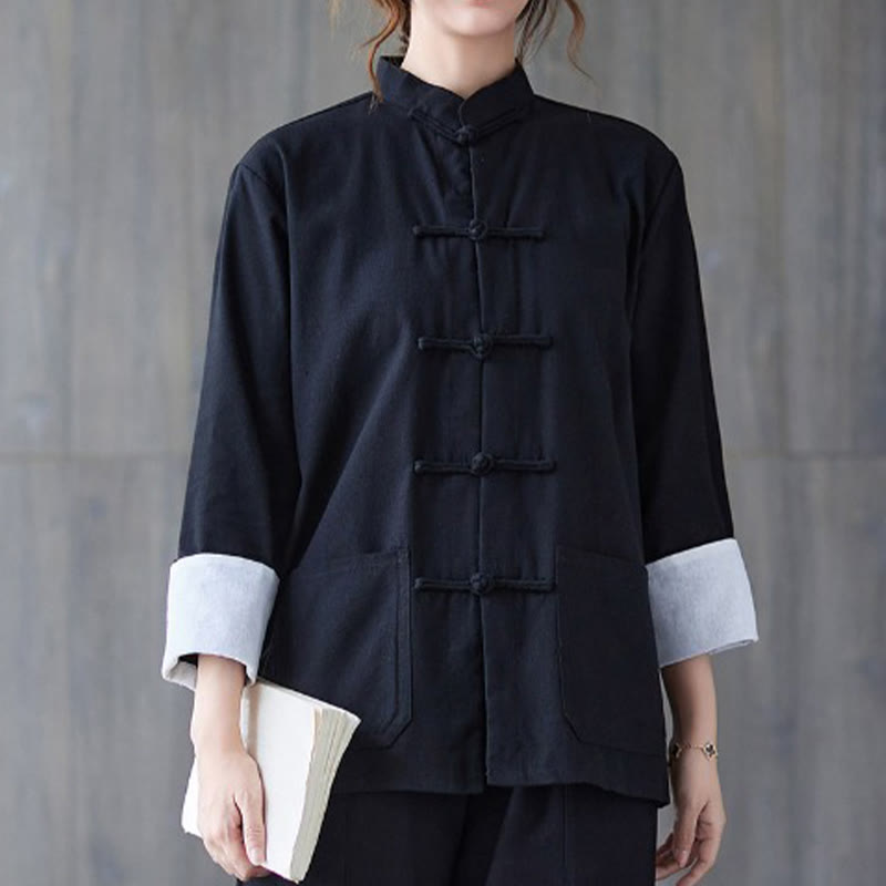 Women's Frog-Button Long Sleeve Shirt Pants Meditation Cotton Linen Clothing