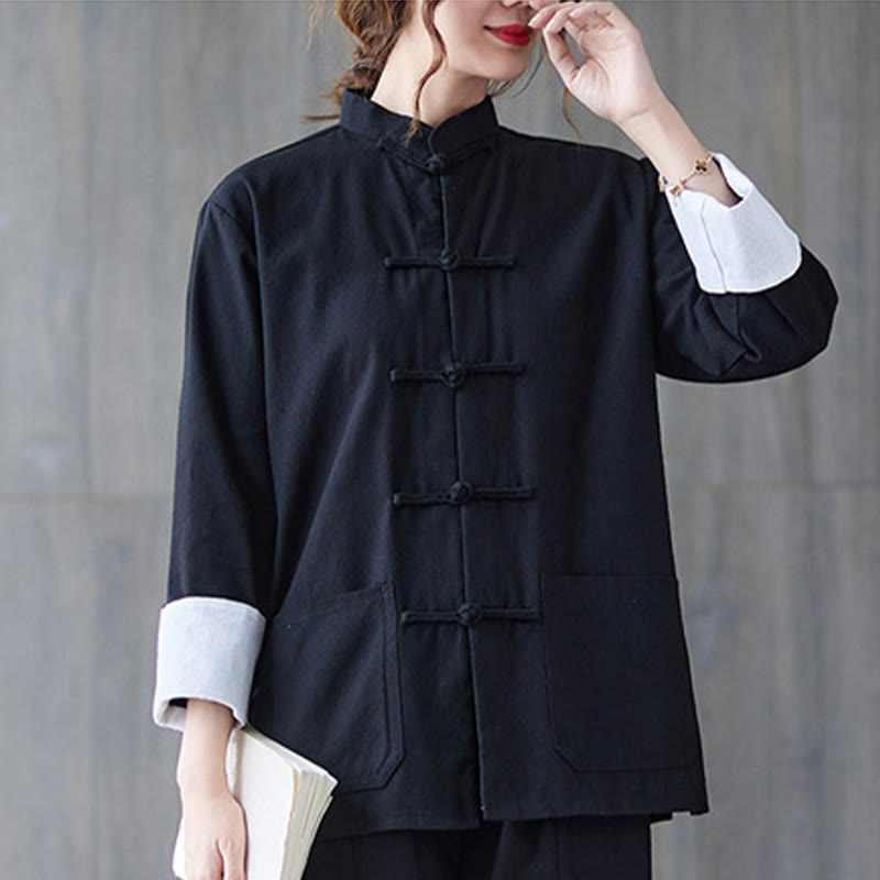 Women's Frog-Button Long Sleeve Shirt Pants Meditation Cotton Linen Clothing
