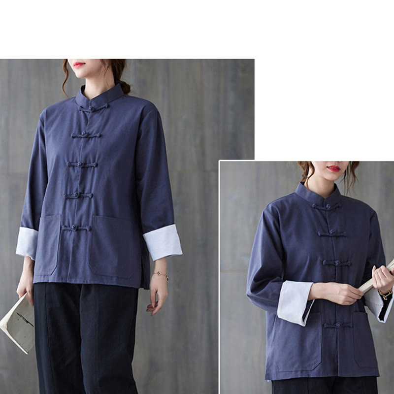 Women's Frog-Button Long Sleeve Shirt Pants Meditation Cotton Linen Clothing