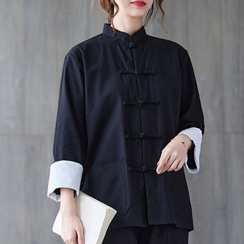 Women's Frog-Button Long Sleeve Shirt Pants Meditation Cotton Linen Clothing