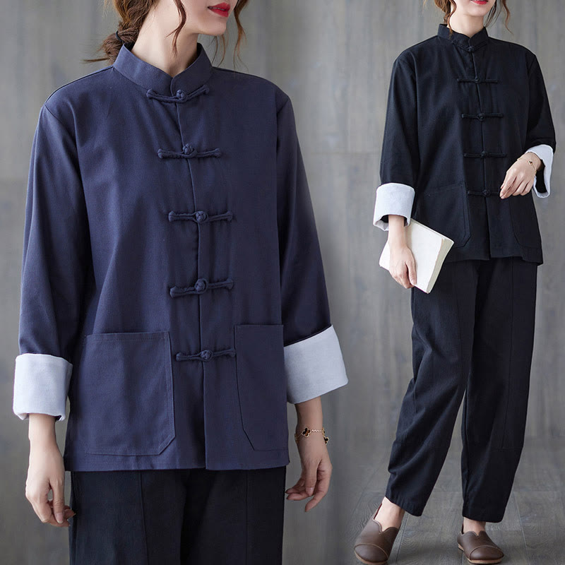 Women's Frog-Button Long Sleeve Shirt Pants Meditation Cotton Linen Clothing