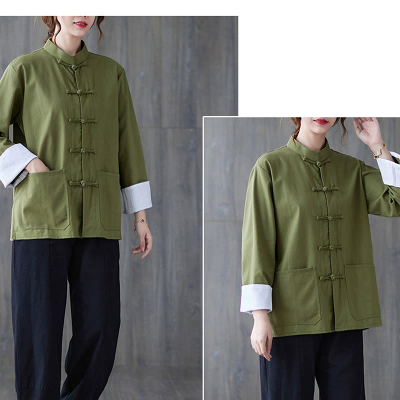 Women's Frog-Button Long Sleeve Shirt Pants Meditation Cotton Linen Clothing