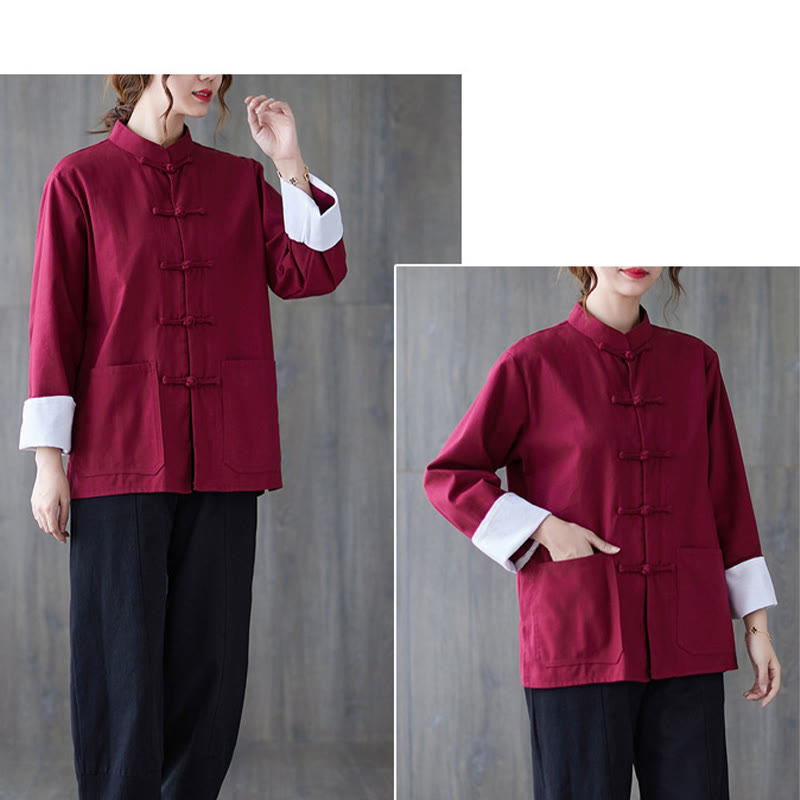 Women's Frog-Button Long Sleeve Shirt Pants Meditation Cotton Linen Clothing