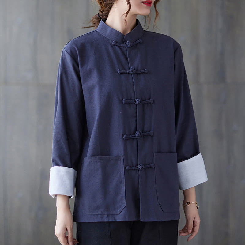 Women's Frog-Button Long Sleeve Shirt Pants Meditation Cotton Linen Clothing