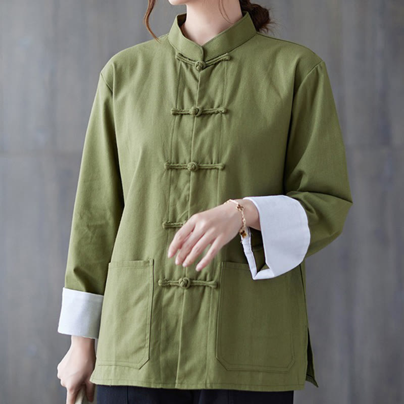 Women's Frog-Button Long Sleeve Shirt Pants Meditation Cotton Linen Clothing