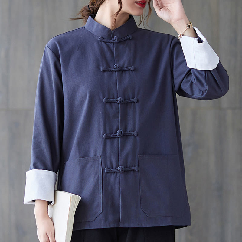 Women's Frog-Button Long Sleeve Shirt Pants Meditation Cotton Linen Clothing