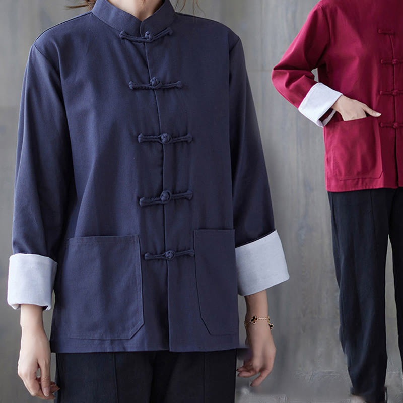 Women's Frog-Button Long Sleeve Shirt Pants Meditation Cotton Linen Clothing