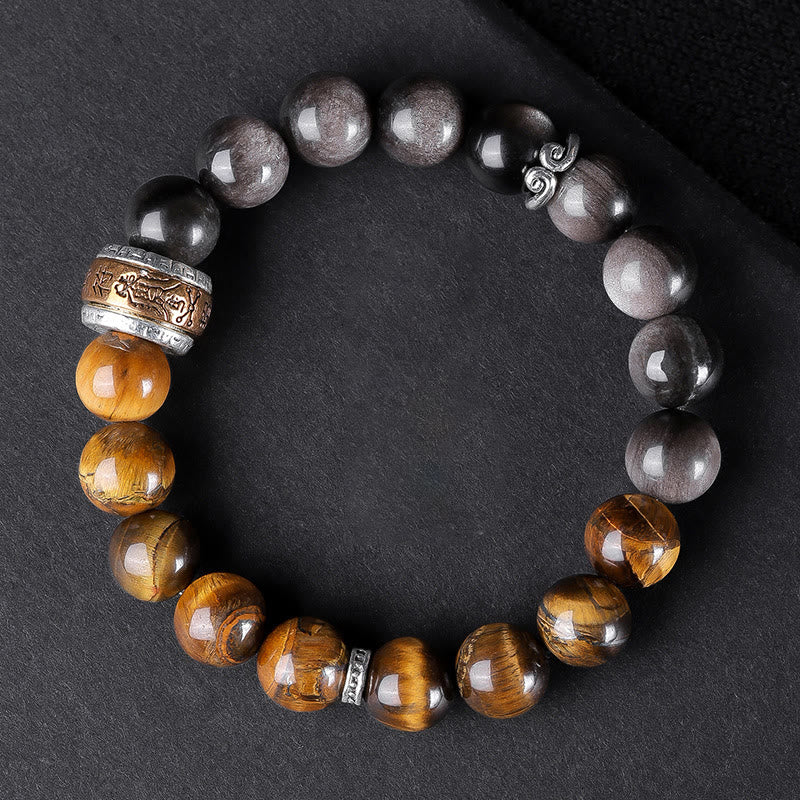 Silver Sheen Obsidian & Tiger Eye Om Mani Padme Hum Mantra Beaded Bracelet