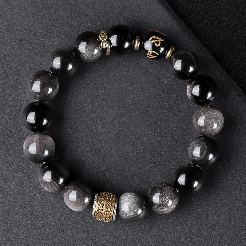 Silver Sheen Obsidian & Tiger Eye Om Mani Padme Hum Mantra Beaded Bracelet