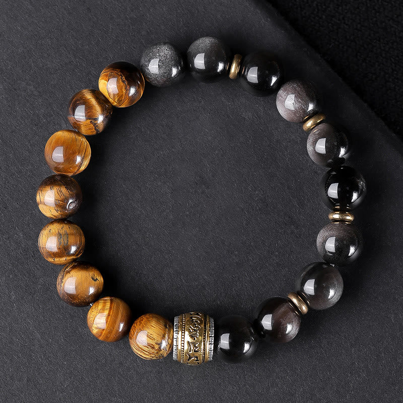 Silver Sheen Obsidian & Tiger Eye Om Mani Padme Hum Mantra Beaded Bracelet