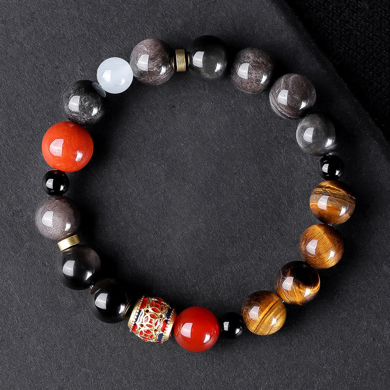 Silver Sheen Obsidian & Tiger Eye Om Mani Padme Hum Mantra Beaded Bracelet