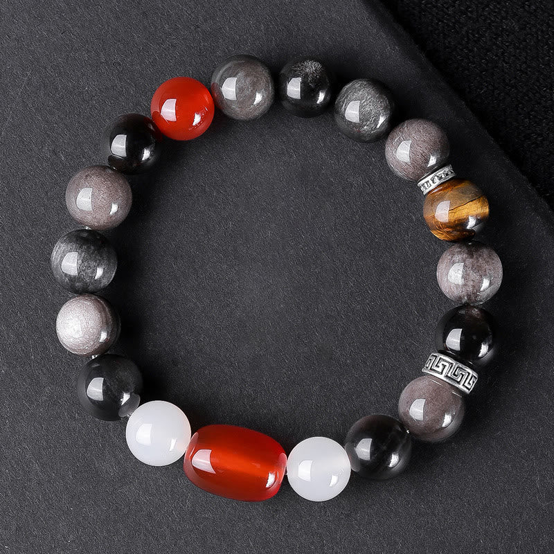 Silver Sheen Obsidian & Tiger Eye Om Mani Padme Hum Mantra Beaded Bracelet