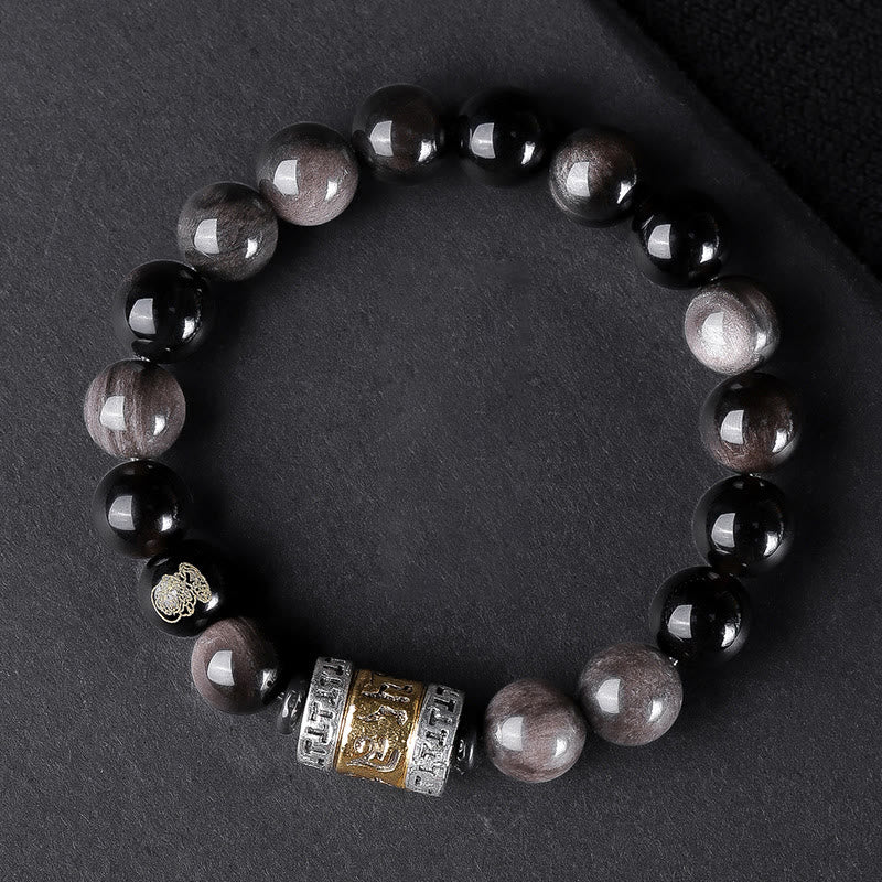 Silver Sheen Obsidian & Tiger Eye Om Mani Padme Hum Mantra Beaded Bracelet