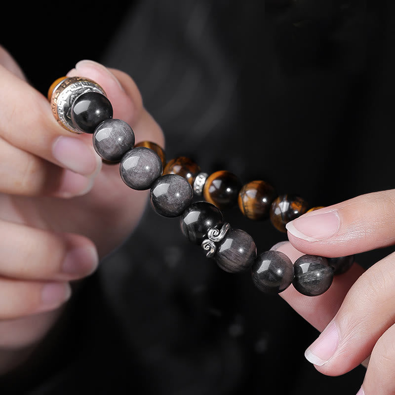 Silver Sheen Obsidian & Tiger Eye Om Mani Padme Hum Mantra Beaded Bracelet