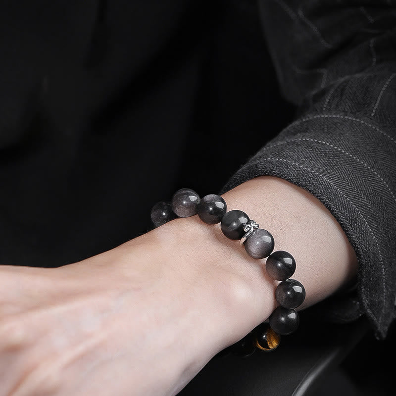 Silver Sheen Obsidian & Tiger Eye Om Mani Padme Hum Mantra Beaded Bracelet